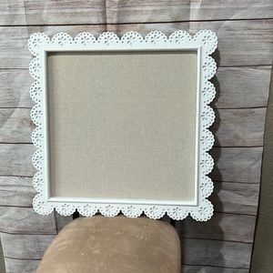 14x14 shabby chic push pin board. White with decorative daisy design frame